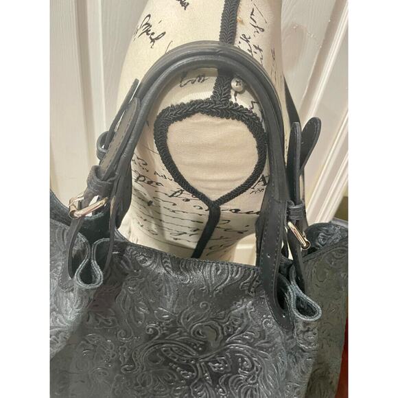 STELLA BIANCA SATCHEL CROSSBODY BAG MADE IN ITALY TOOLED EMBOSSED BLACK LEATHER - Picture 11 of 13